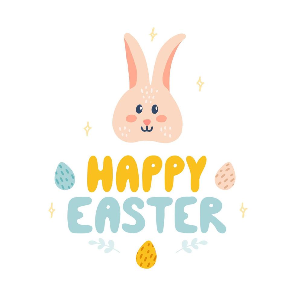 contento Pascua de Resurrección saludos, linda Conejo cara y Pascua de Resurrección huevos con mano letras, vector plano mano dibujado ilustración, confeccionado tarjeta postal, póster