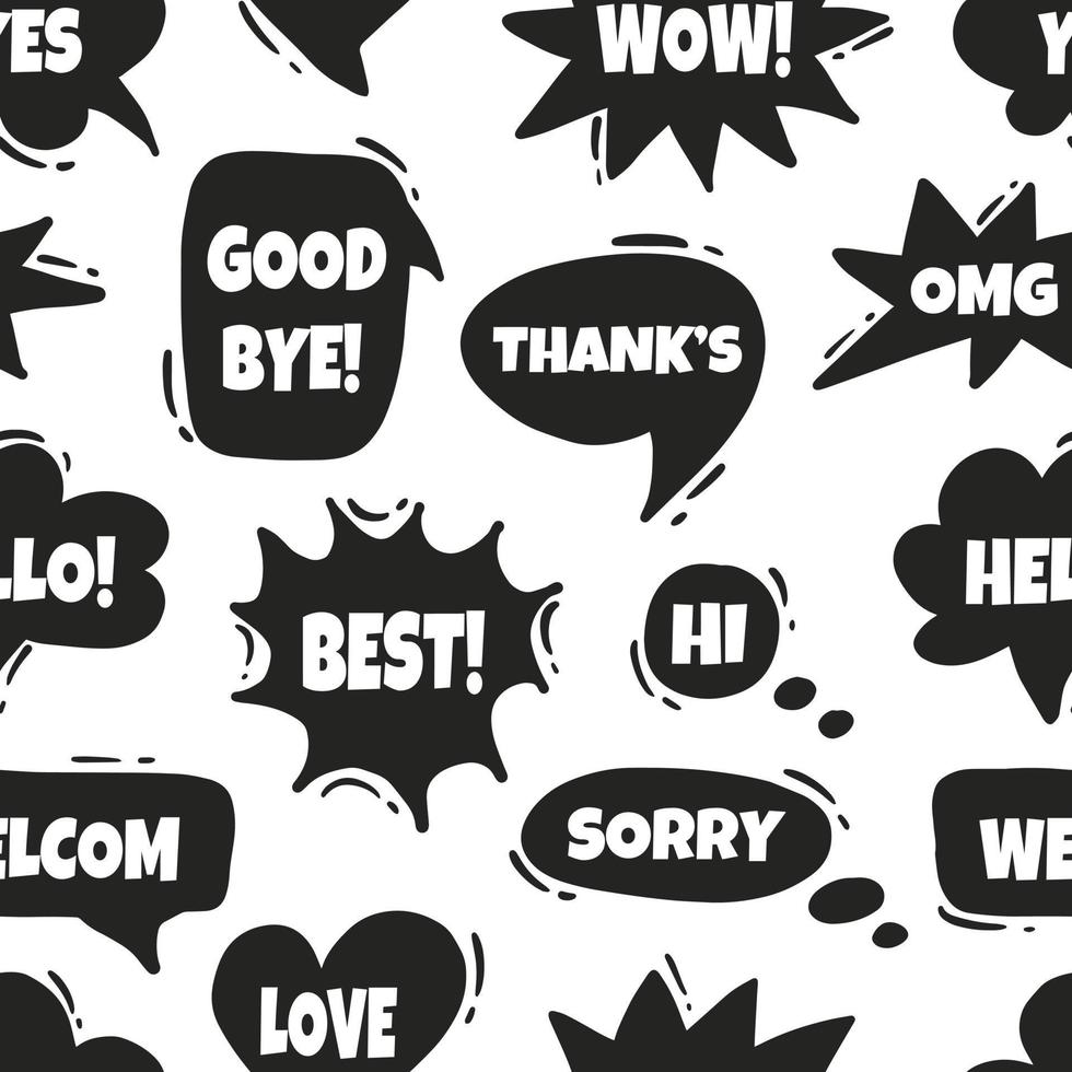 Black set of speech bubbles. Various forms of windows, clouds for chat, messages with phrases. Vector seamless pattern on white background