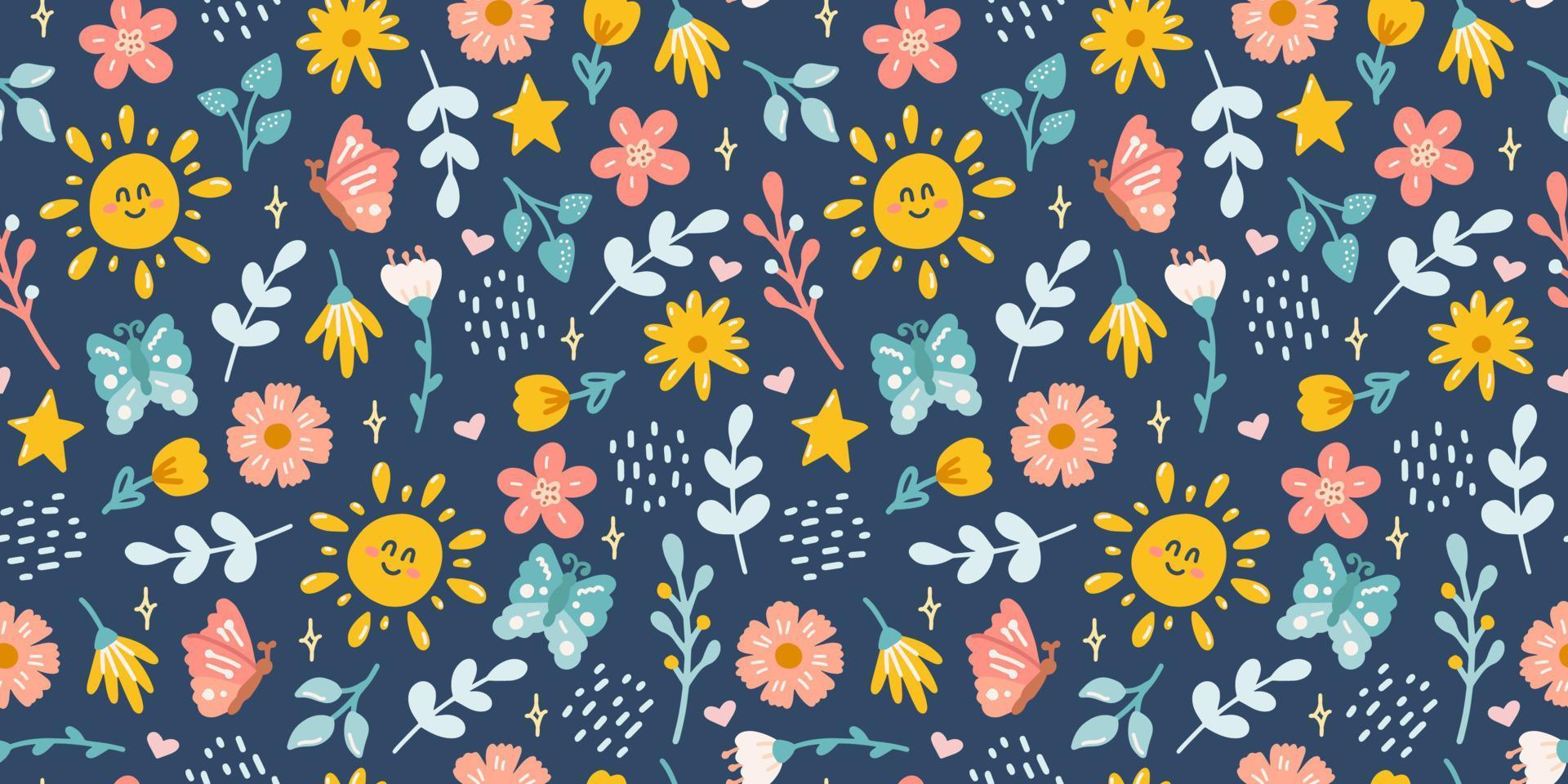 Cute spring vector seamless pattern with sun, butterflies, flowers and other plants on blue background