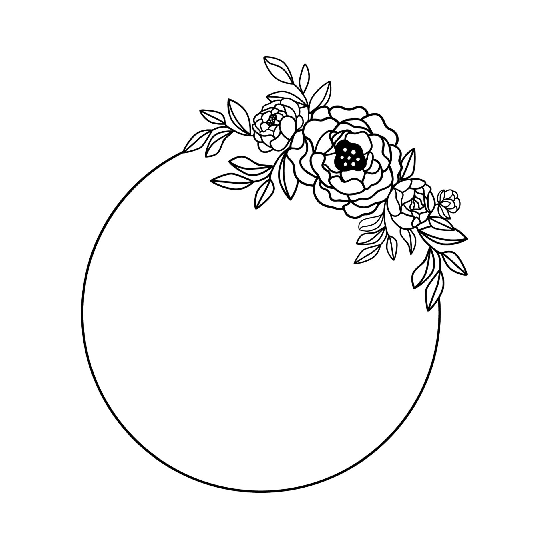 Black and white floral frame with peonies. Line art flower wreath. Hand