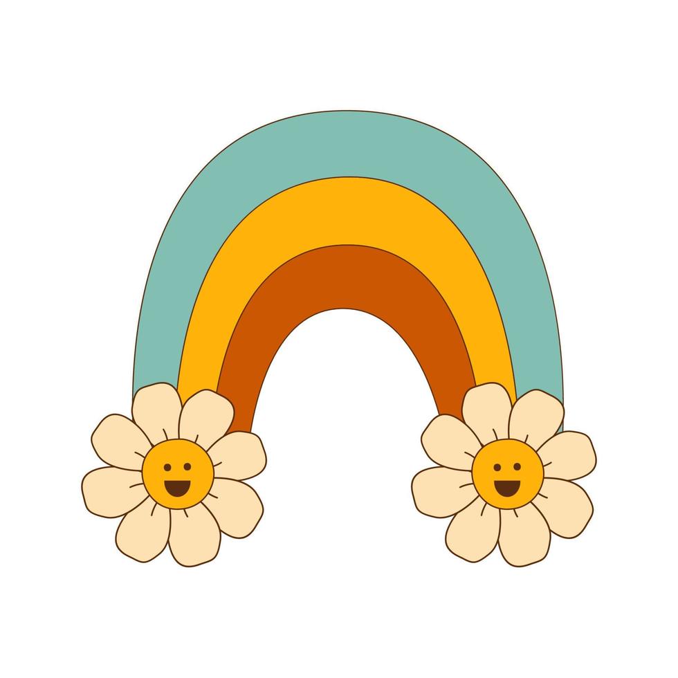 retro maravilloso arco iris con flor gráfico elemento aislado vector diseño. retro 70s decorativo arco iris ilustración. setenta hippie símbolo. Clásico retro floral arco iris símbolo. ranura humor.