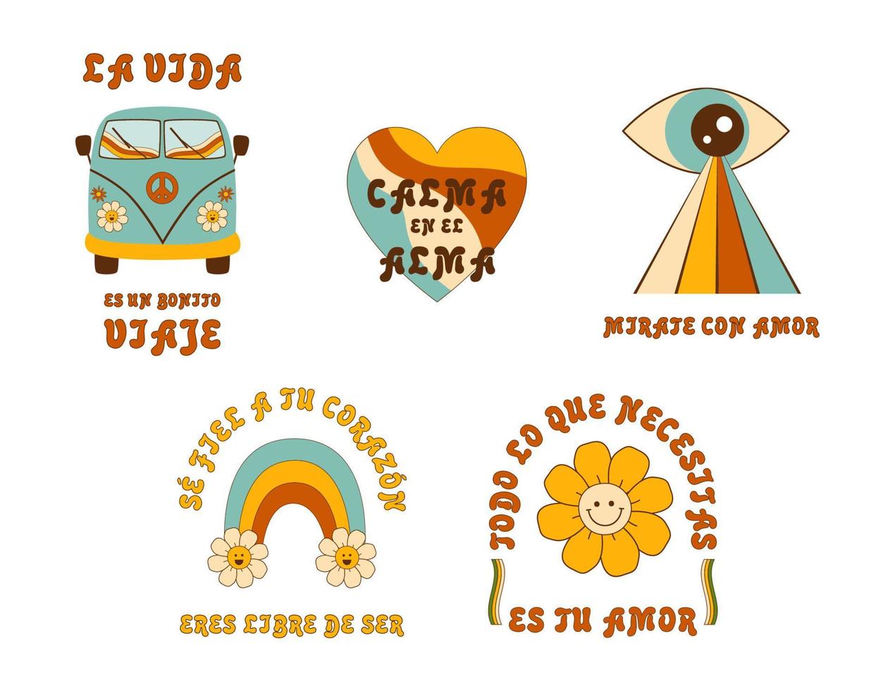 Groovy elements set quotes in Spanish language about love, travel, positive lifestyle. Retro groovy daisy flower, rainbow, bus, eye, heart vector illustration. Inspirational slogan, groovy card poster