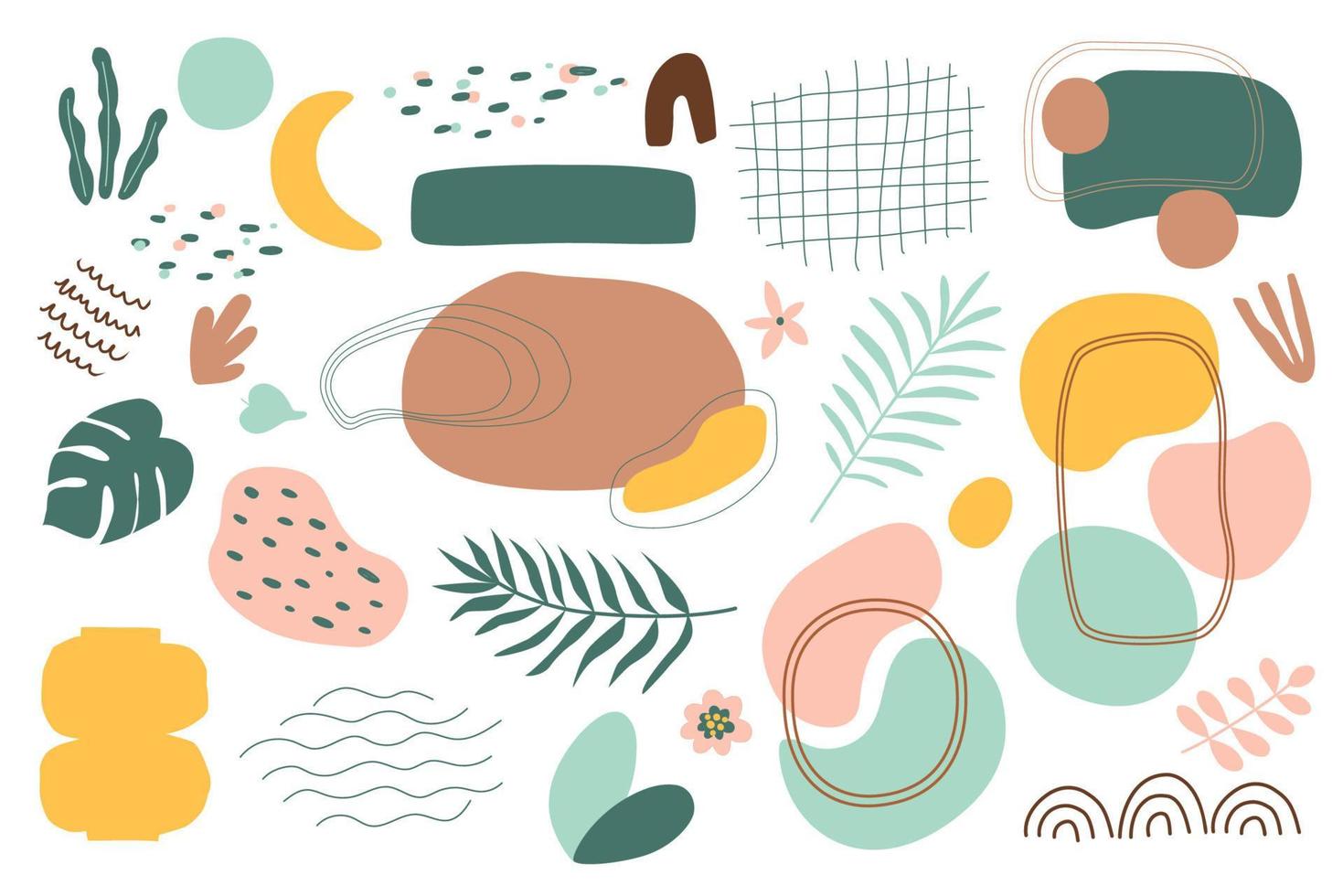 Set of tropical abstract shapes and circles. Hand drawing various shapes, leaves, spots, drops, dots. Cute jungle backround collection. Vector illustration. Plants, vase, frames decorative elements.