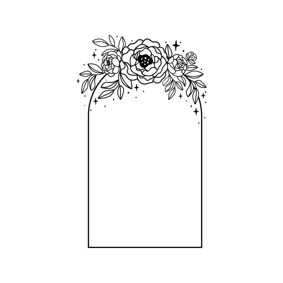 Celestial floral arch. Black and white floral frame with peonies. Line art flower bouquet. Bohemian botanical summer flower peony in sketch. Decorative botany vector illustration isolated on white.