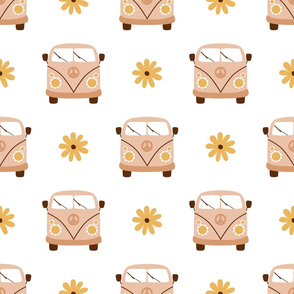Retro 70s bus groovy pattern Groovy bus seamless print Hippie vintage car mini van. Pastel hand drawn bus background flowers power Funky seventies vector illustration. Retro caravan. Cartoon boho car.