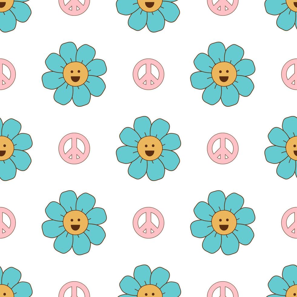 Groovy flowers pattern. Retro seventies floral seamless pattern with smiley flowers peace symbol. Pastel vintage groovy daisy flowers. Retro floral power background surface design Vector illustration.