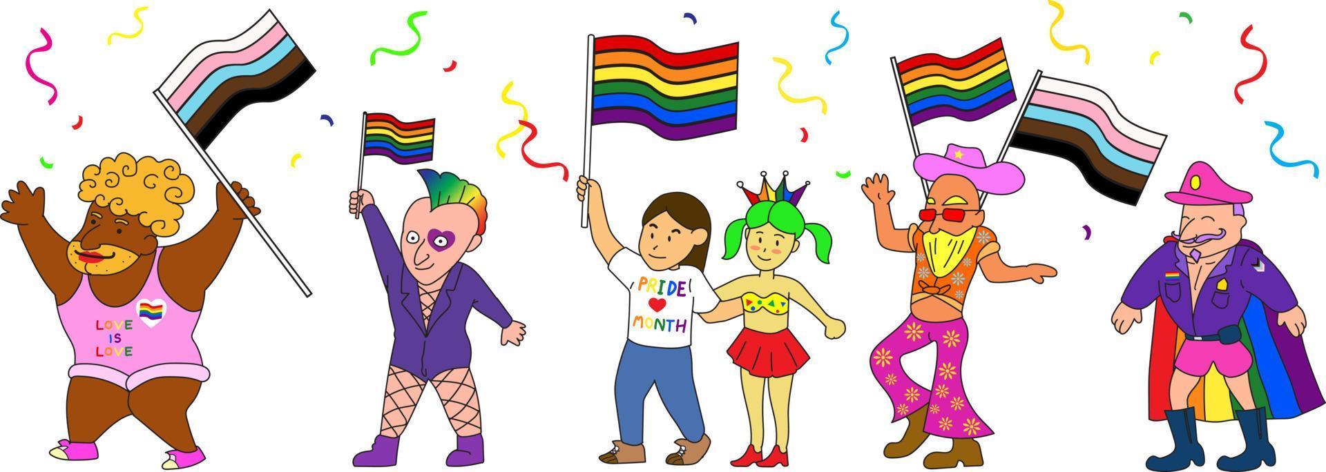 LGBT community. Banner with a group of people participating in a Pride parade. Doodle vector background with gay, lesbian, transgender, and bisexual.