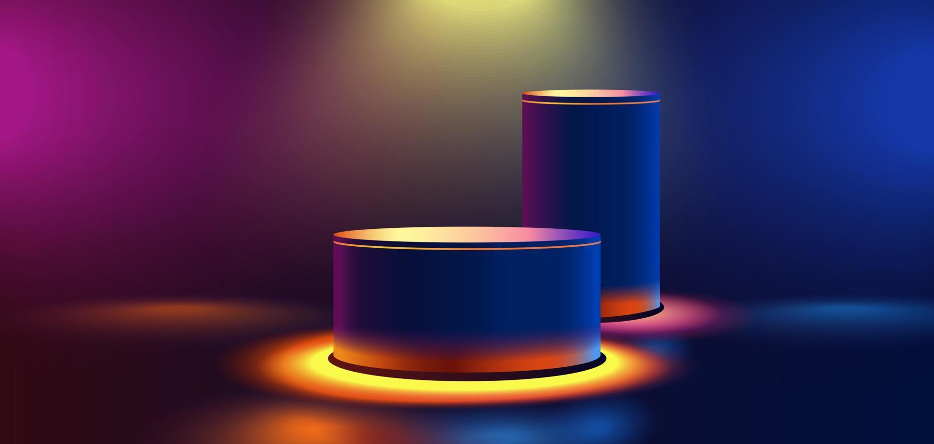 Abstract dark blue cylinder pedestal podium. Sci-fi abstract room concept with glowing neon curve lighting line. Vector rendering 3d background, Mockup product display.
