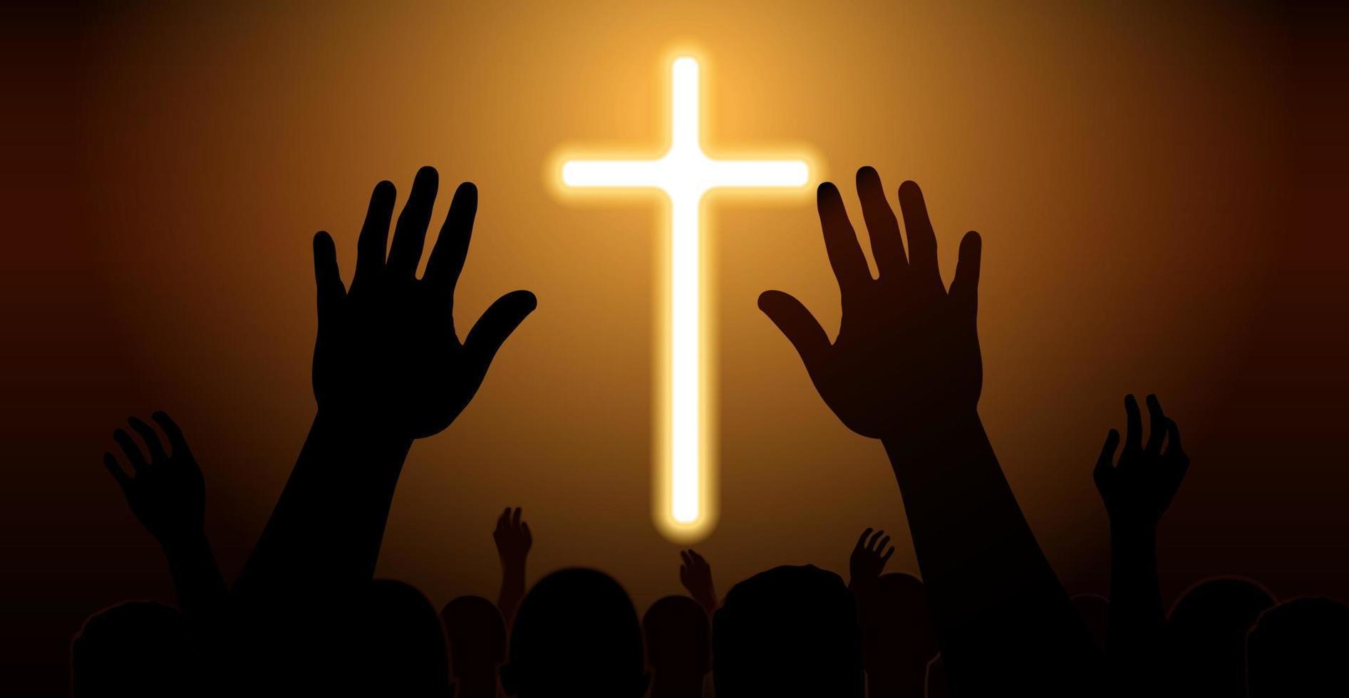 People raise their hands in front of the cross to pray. Many people worship God. vector