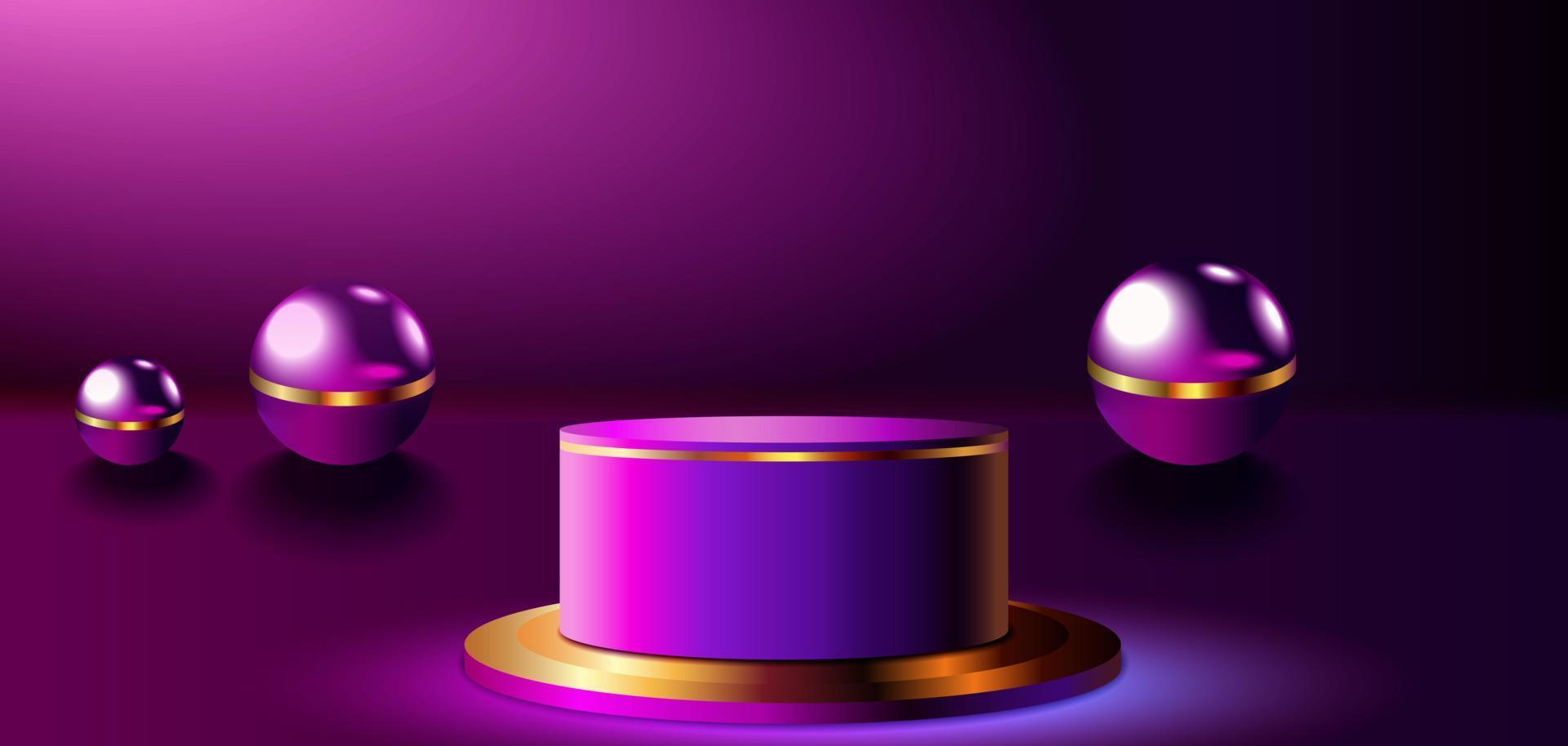 Abstract dark purple,gold cylinder pedestal podium. Sci-fi abstract room concept with glowing neon curve lighting line. Vector rendering 3d background, Mockup product display.