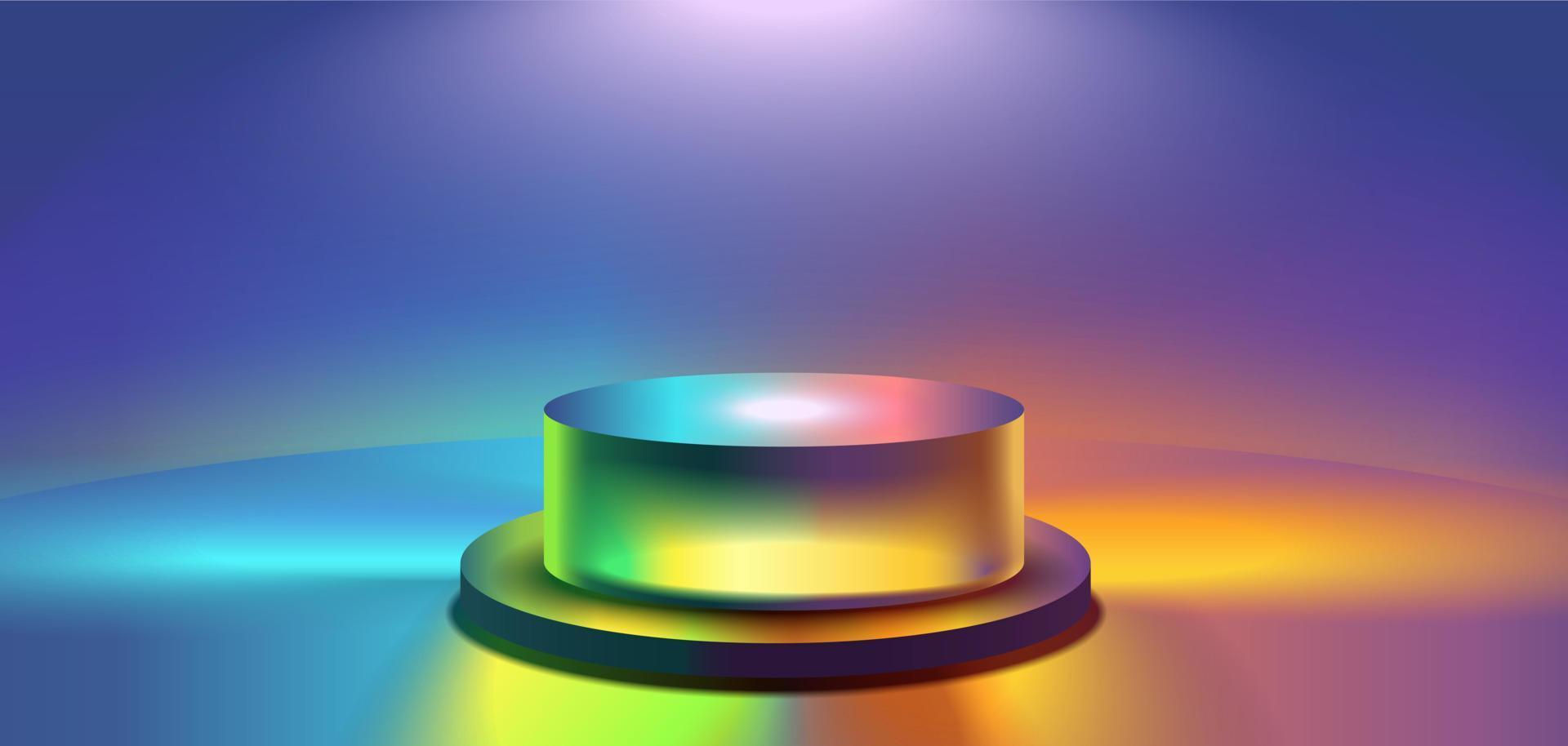 Refraction of Light cylinder pedestal podium. Sci-fi abstract room concept with glowing neon curve lighting line. Vector rendering 3d background, Mockup product display.
