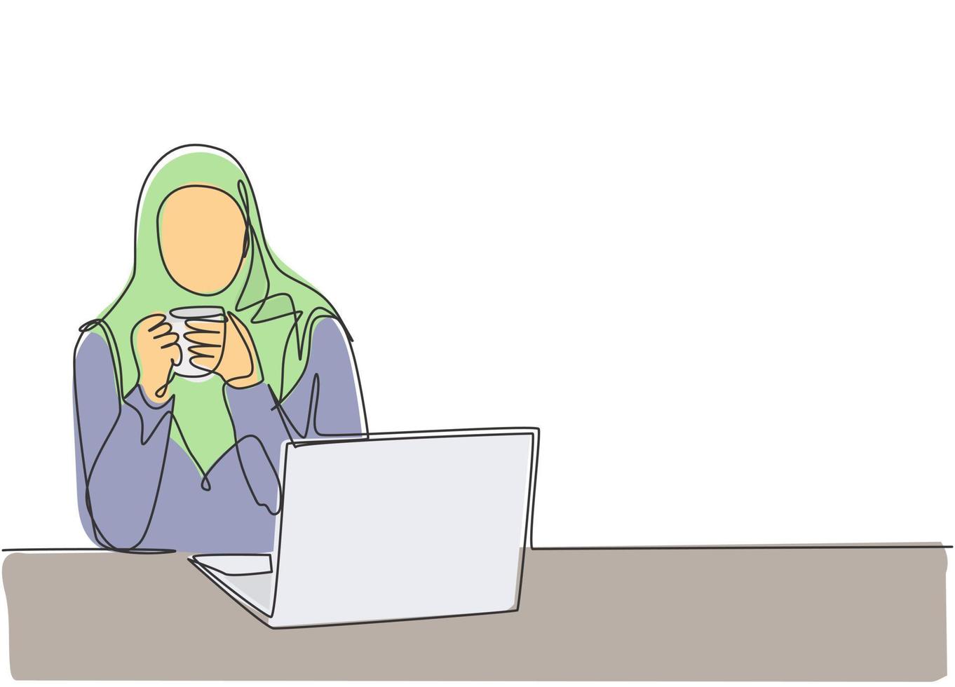 One continuous line drawing of young muslimah office employee thinking pensive in front of laptop monitor. Saudi Arabian female with hijab and veil concept. Single line draw design illustration vector