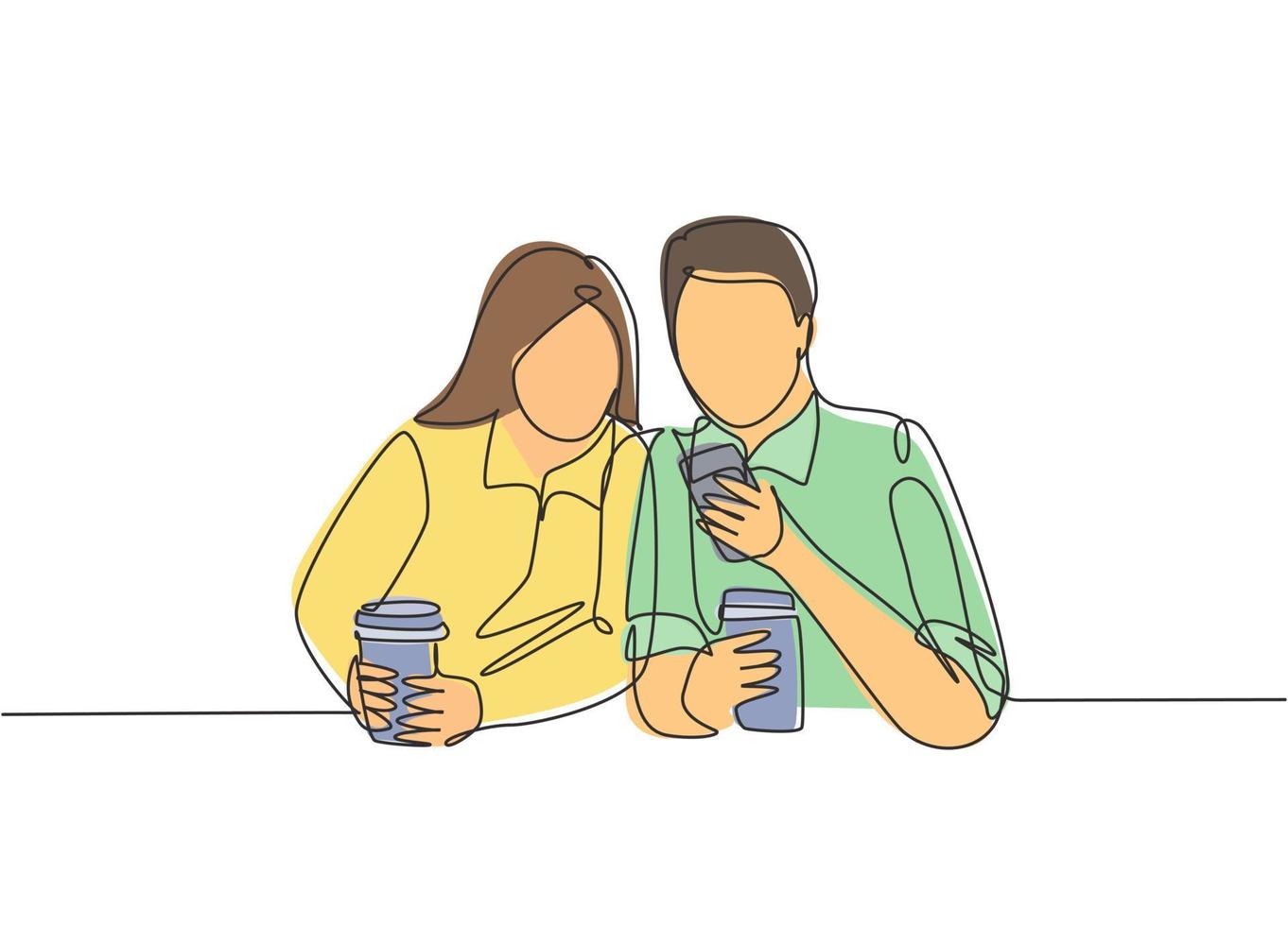 One continuous line drawing of young happy male and female couple lunch together while watching funny video on smartphone at coffee shop. Romantic concept. Single line draw design illustration vector