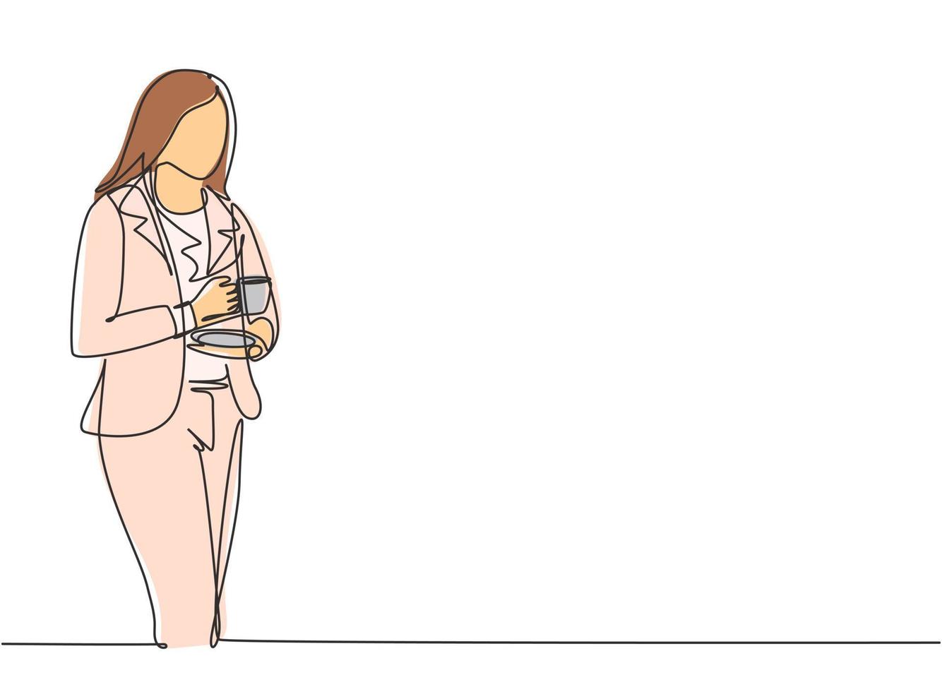One single line drawing of young businesswoman standing and thinking for business ideas while holding a cup of coffee drink. Drink tea concept continuous line draw vector design graphic illustration