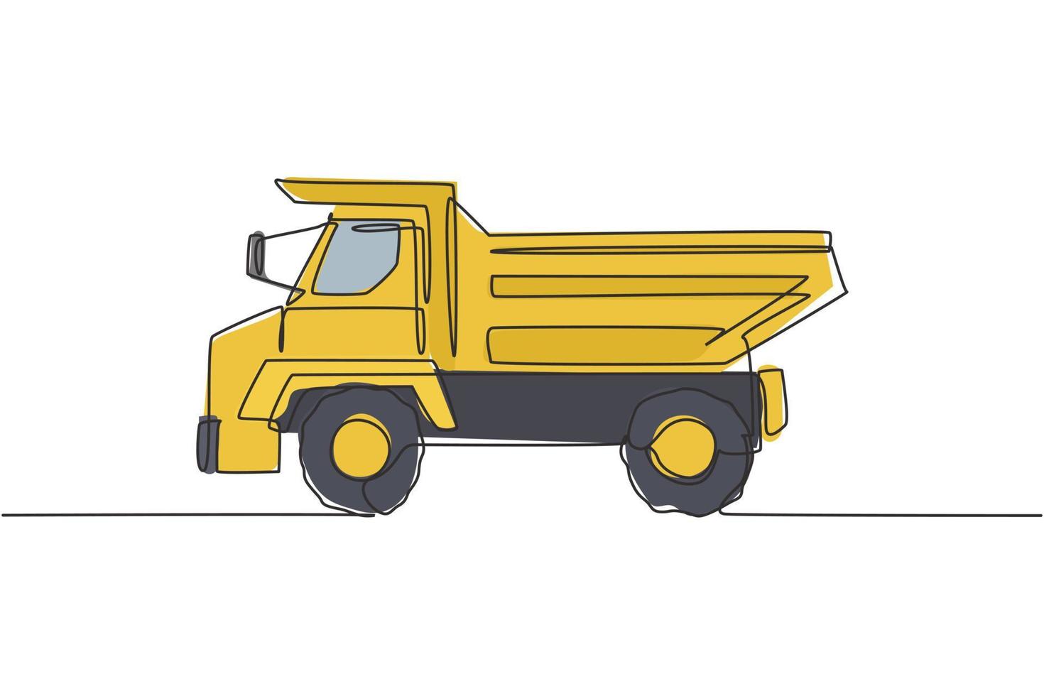 Single continuous line drawing of big dump truck for delivery coal mining. Haul truck, business vehicle. Heavy transport machines equipment concept. Trendy one line draw design vector illustration