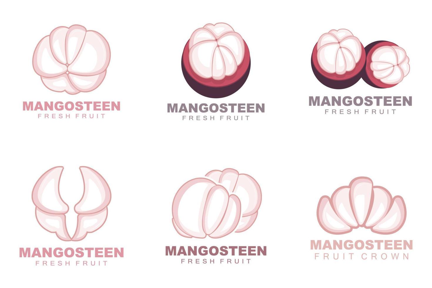 logotipo de mangostán, ilustración de carne de mangostán, reina de fruta rica en vitaminas, diseño de plantilla de etiqueta de vector de logotipo de fruta