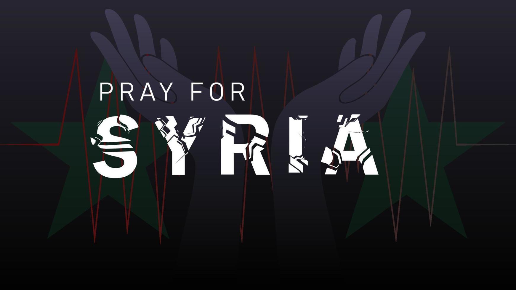 Syria earthquake crisis, broken Syria text, hands praying illustration vector