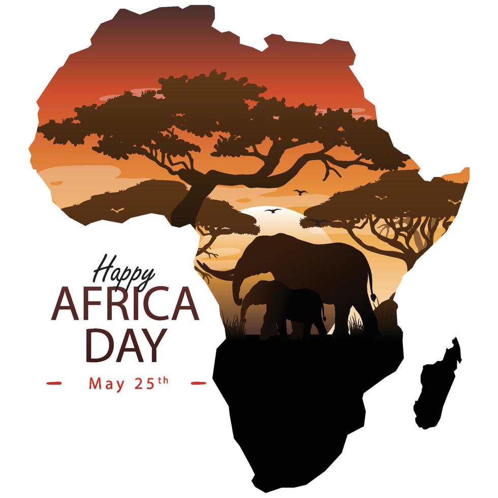 mapa de África, contento África día, mayo 15, vector diseño, elefantes y selva