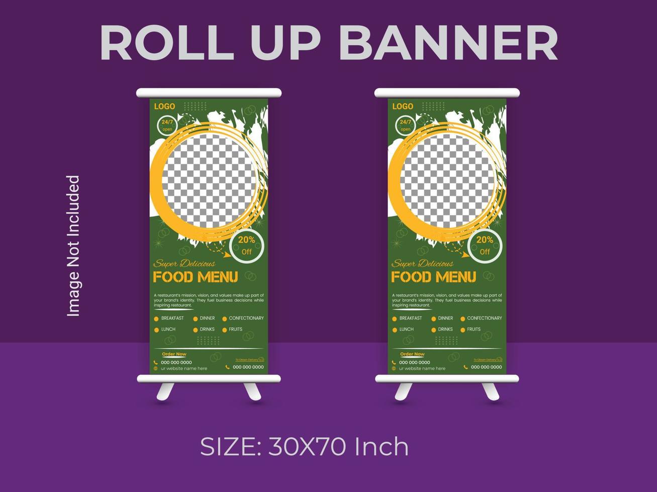 Restaurant food menu roll up banner template. vector food standee banner layout.