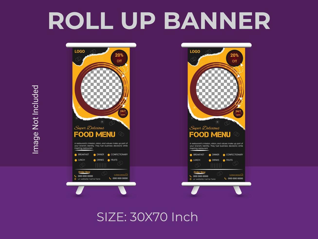 Restaurant food menu roll up banner template. vector food standee banner layout.