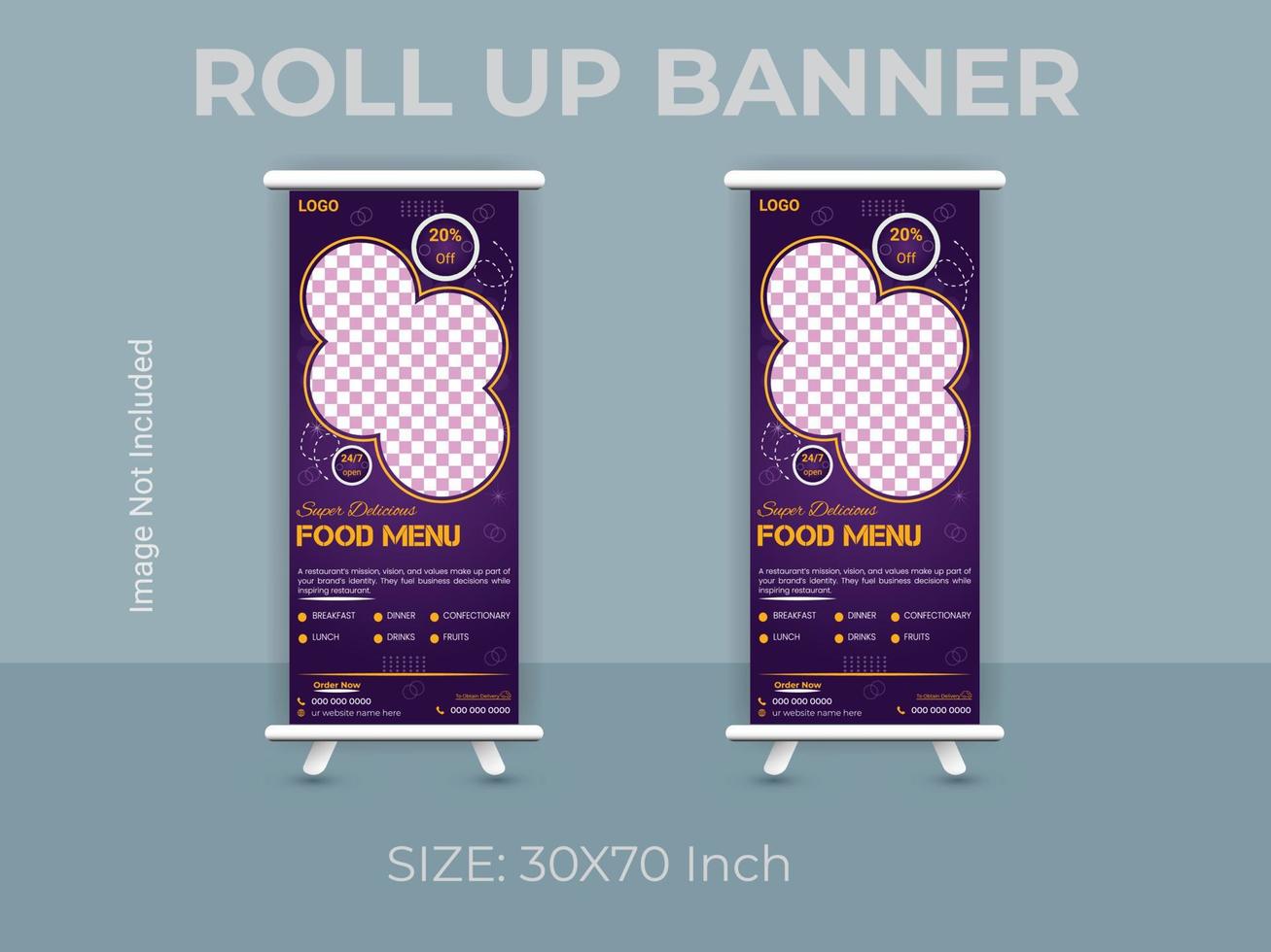 Restaurant food menu roll up banner template. vector food standee banner layout.