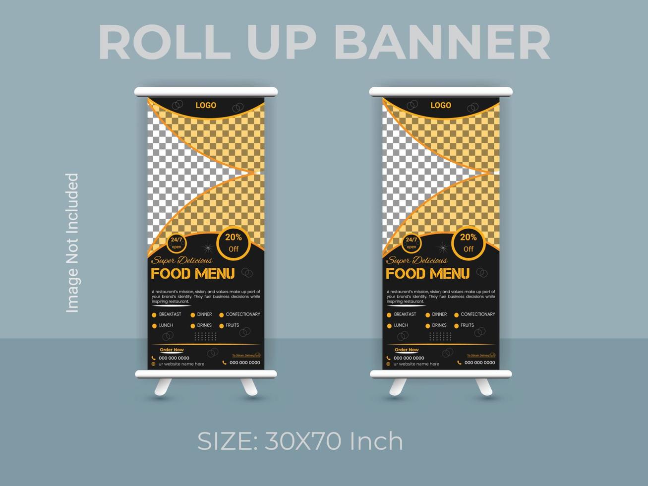 Restaurant food menu roll up banner template. vector food standee banner layout.