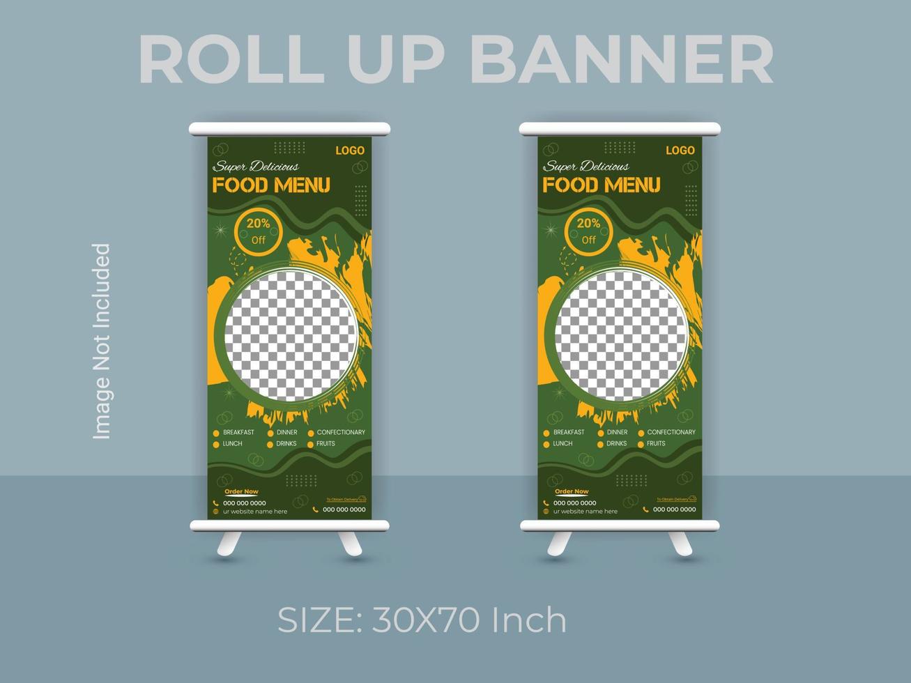 Restaurant food menu roll up banner template. vector food standee banner layout.