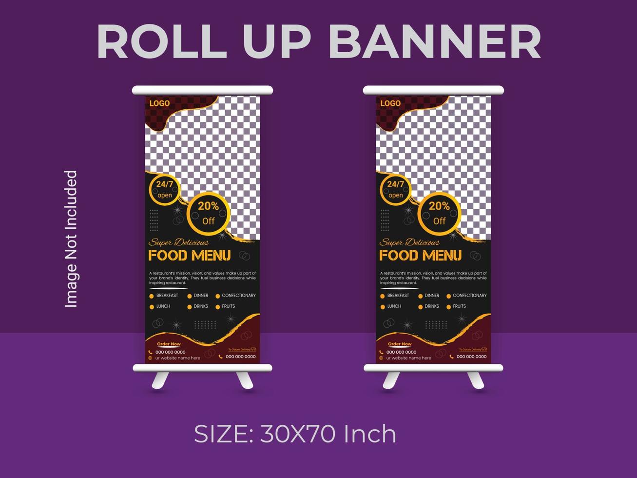 Restaurant food menu roll up banner template. vector food standee banner layout.