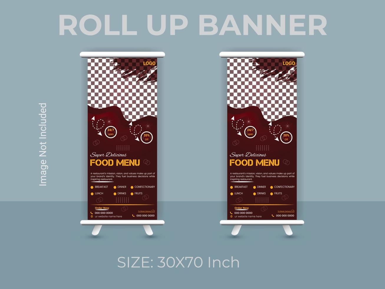 Restaurant food menu roll up banner template. vector food standee banner layout.