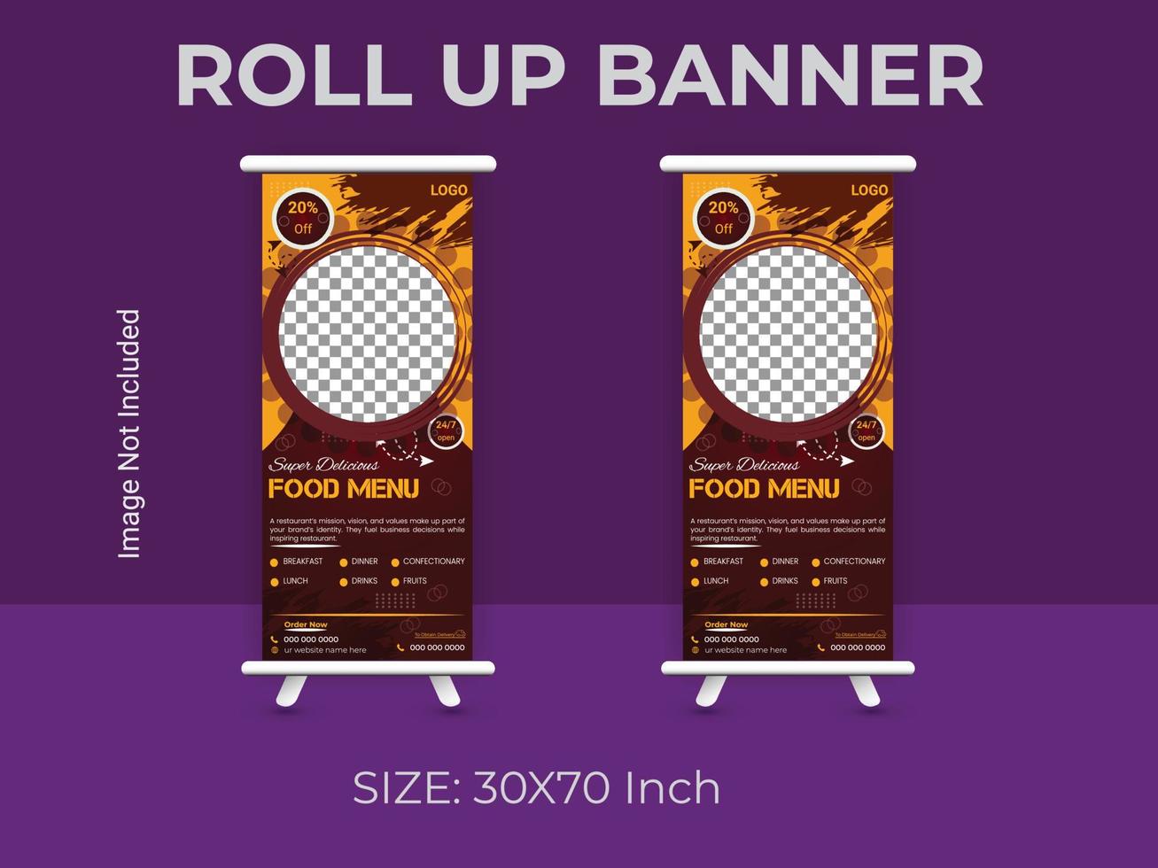Restaurant food menu roll up banner template. vector food standee banner layout.