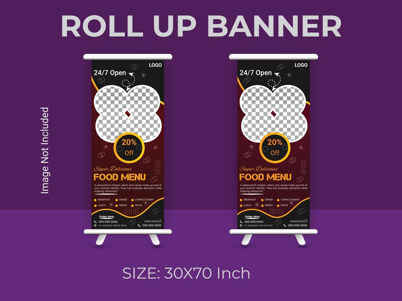 Restaurant food menu roll up banner template. vector food standee banner layout.
