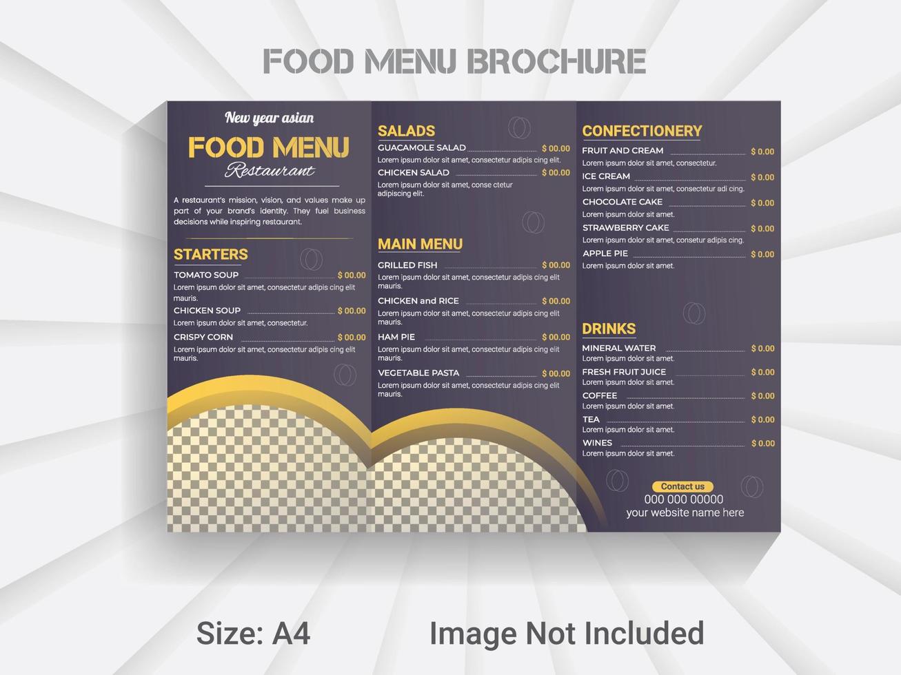 trifold brochure new year food menu template. modern vector restaurant menu design layout.