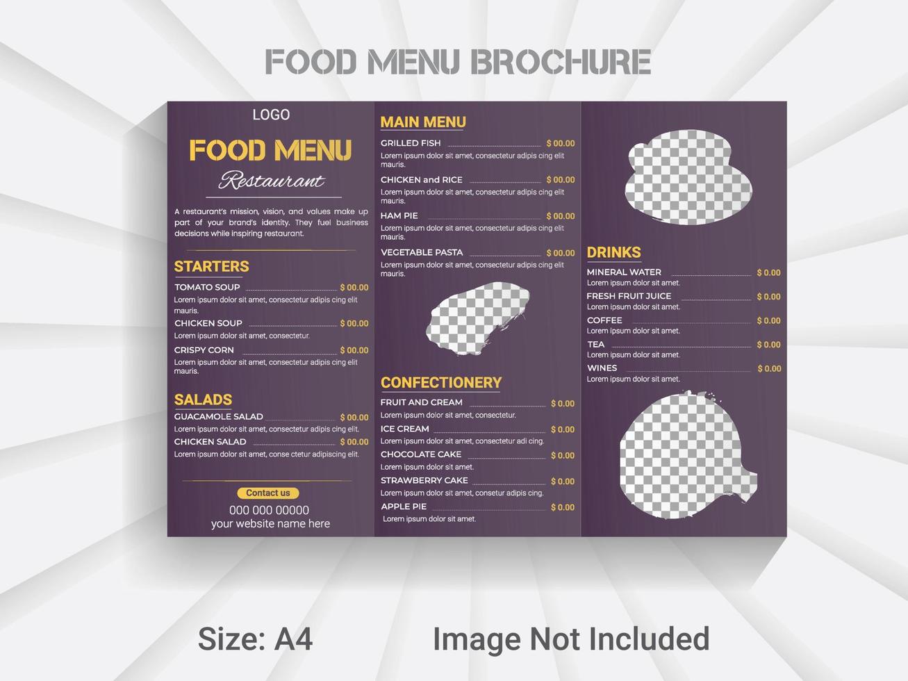 trifold brochure new year food menu template. modern vector restaurant menu design layout.