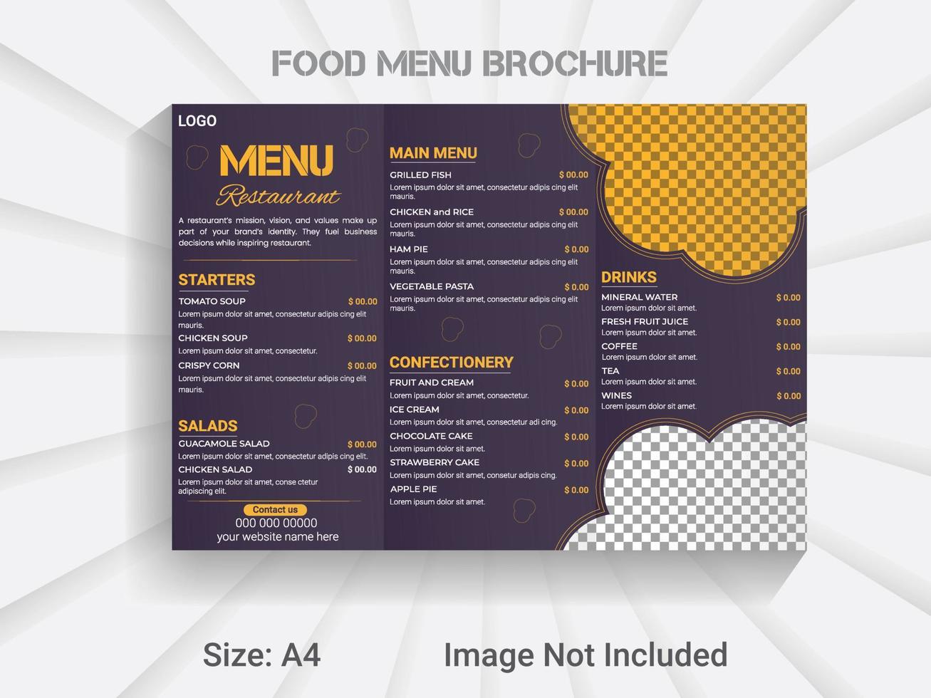 A4 size trifold brochure new year food menu template. modern vector restaurant menu design layout.