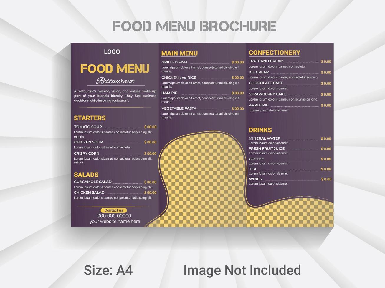 A4 size trifold brochure new year food menu template. modern vector restaurant menu design layout.