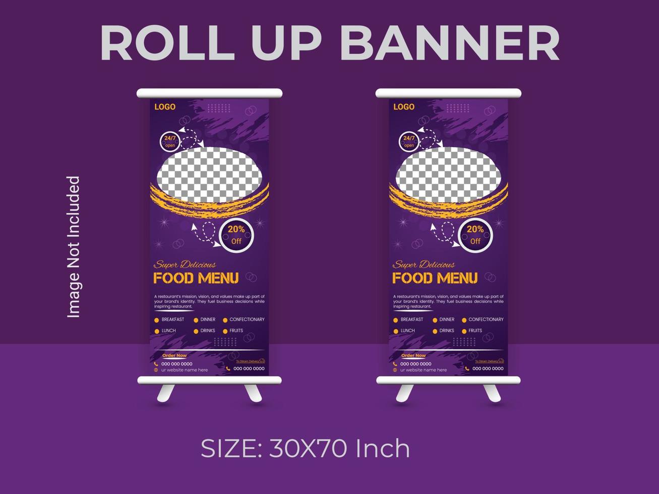 Restaurant food menu roll up banner template. vector food standee banner layout.