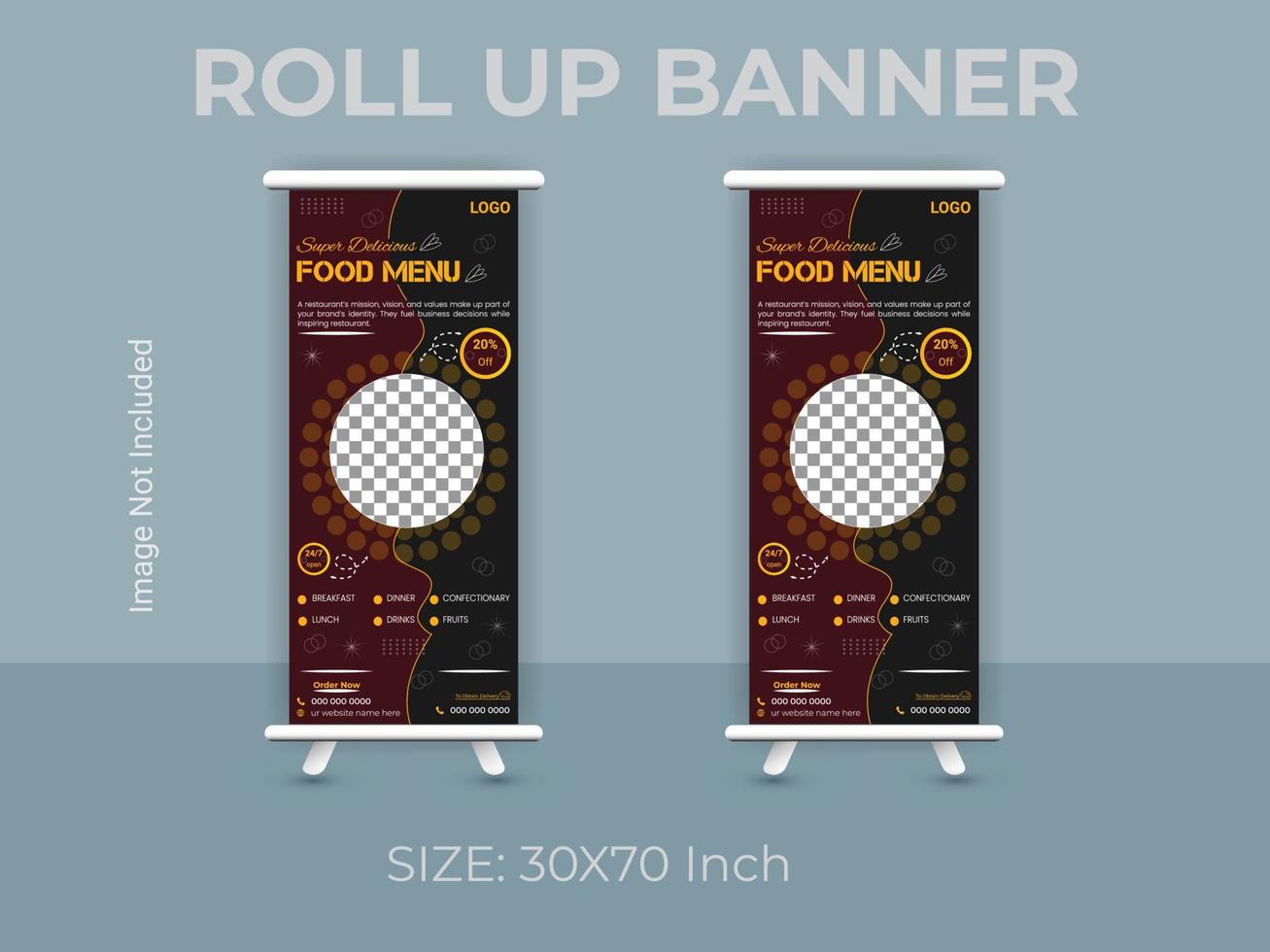 Restaurant food menu roll up banner template. vector food standee banner layout.