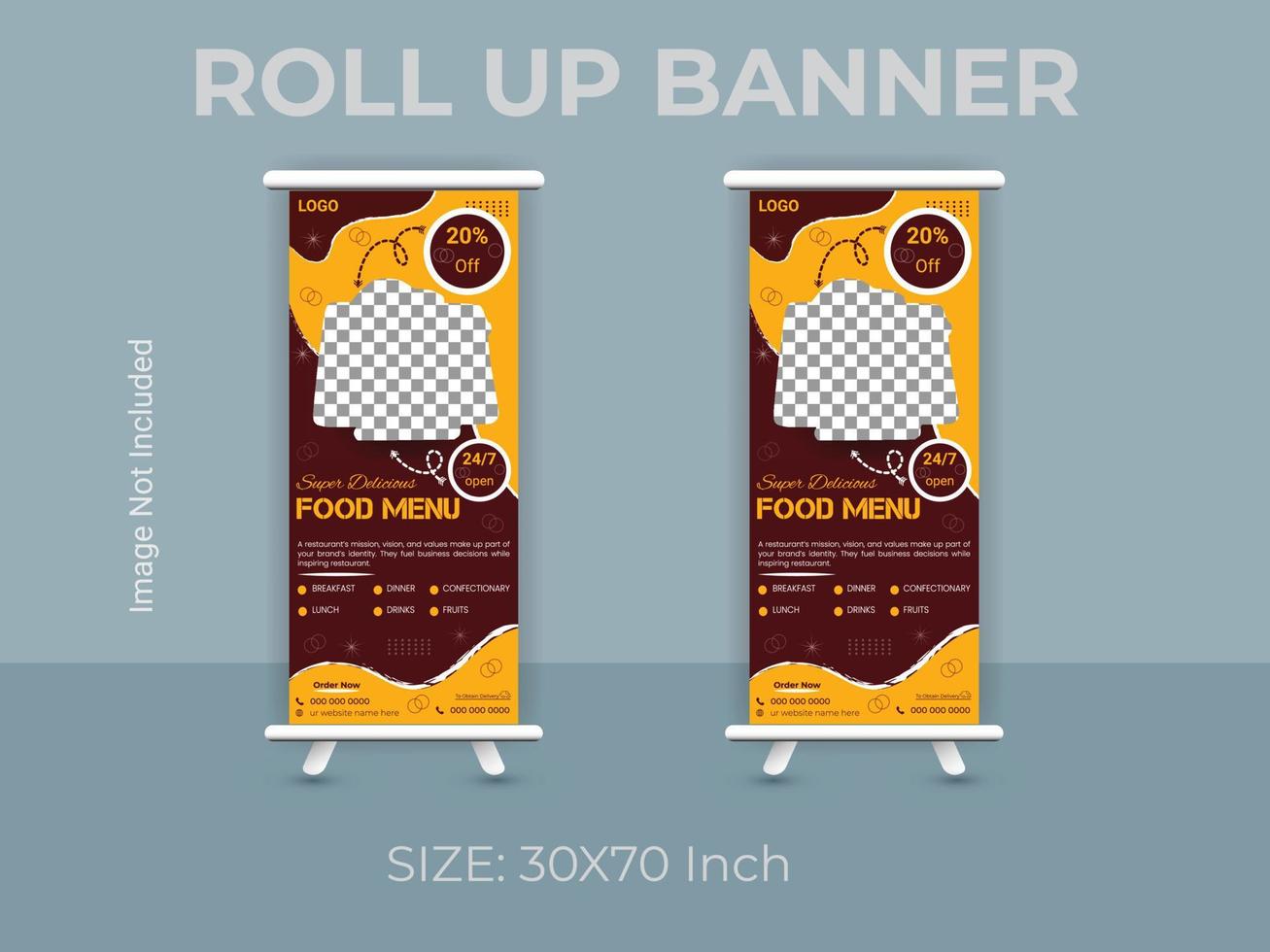 Restaurant food menu roll up banner template. vector food standee banner layout.