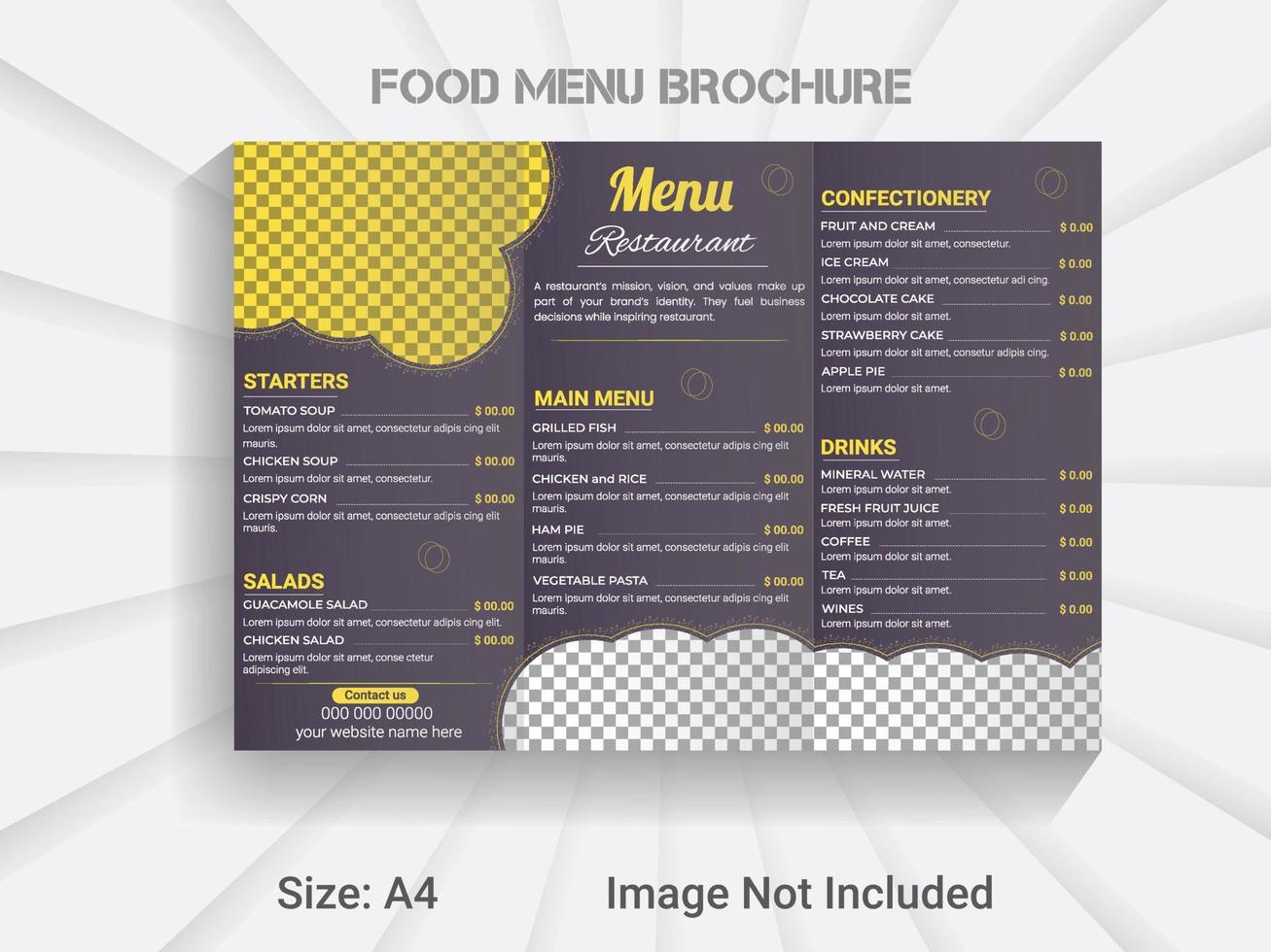 A4 size trifold brochure new year food menu template. modern vector restaurant menu design layout.