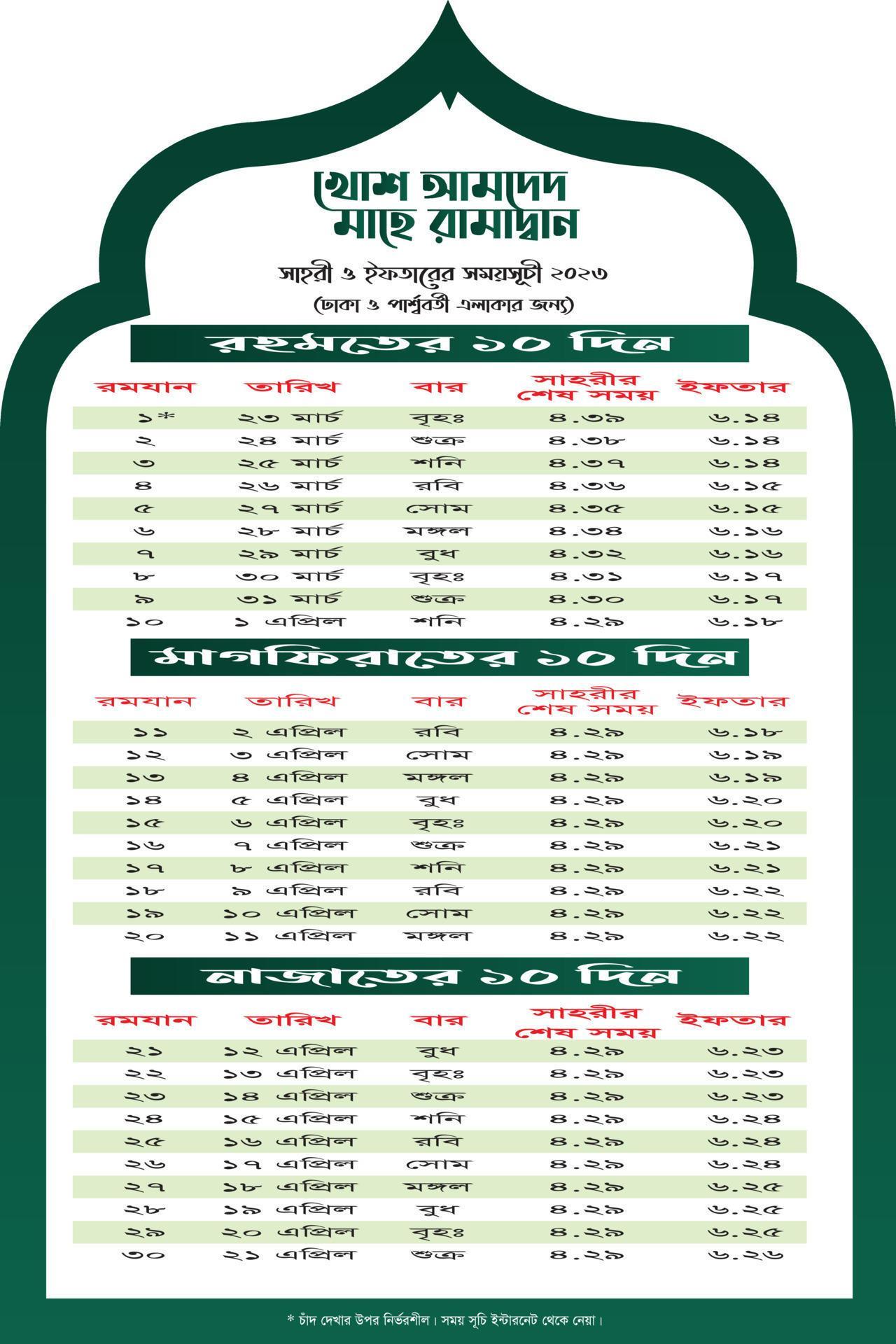 Ramadan Calendar Design Template. Islamic Calendar and Sehri Ifter time