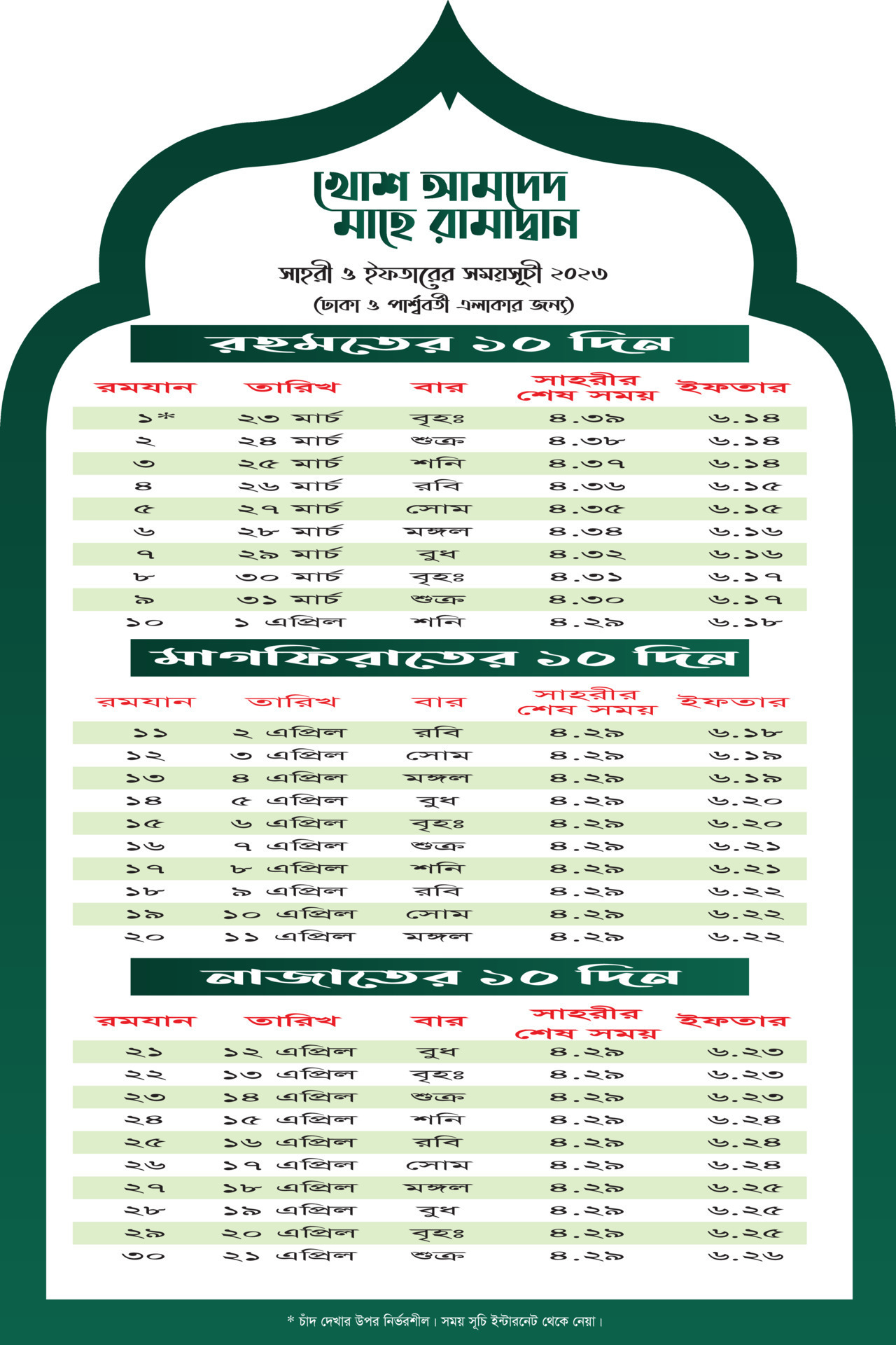 Ramadan Calendar Design Template. Islamic Calendar and Sehri Ifter time