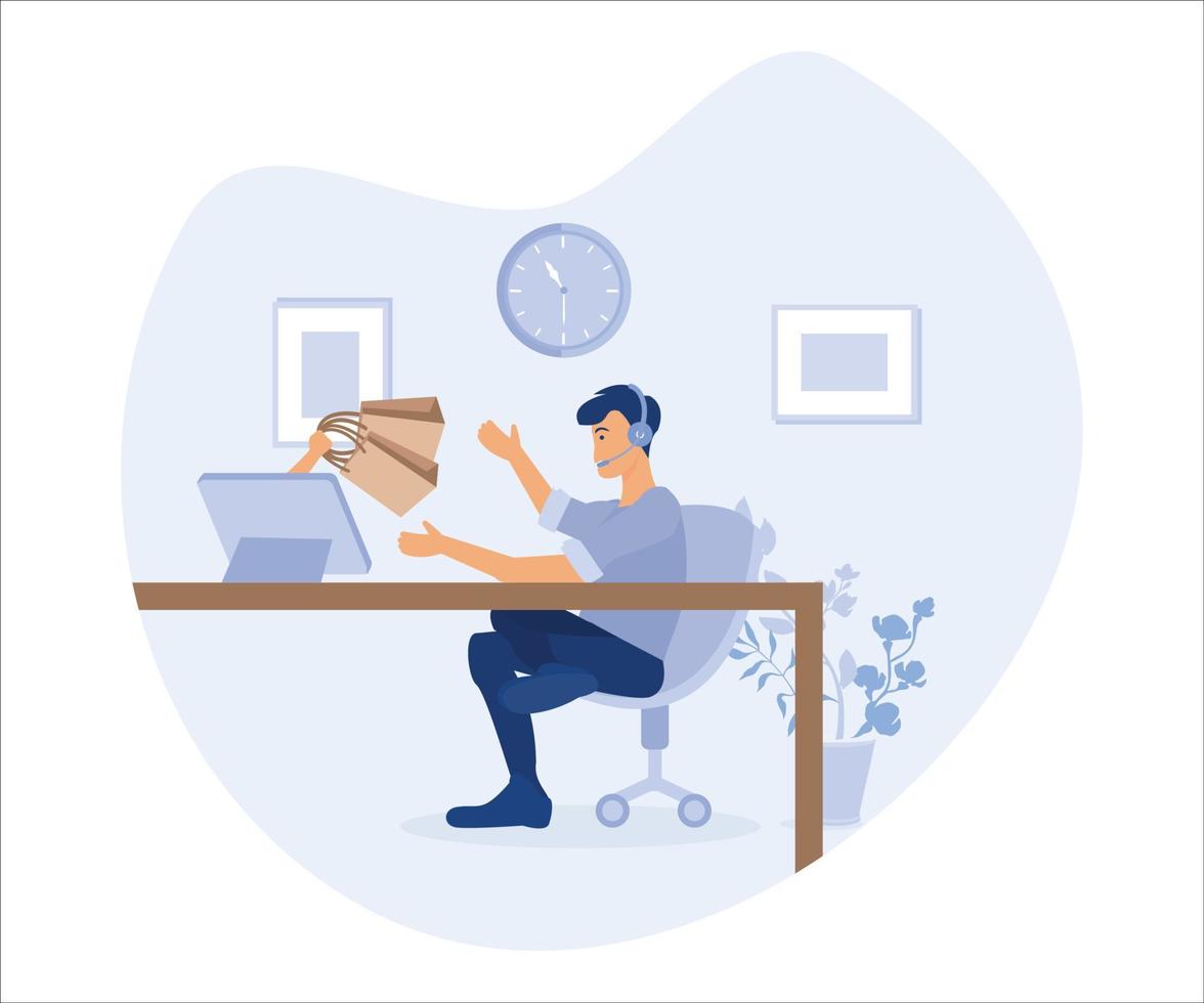 Online shopping and express delivery,  young man sit at home using computer laptop to order goods from website,Flat vector modern illustration