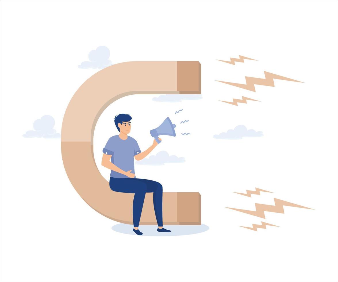 Promote new business attract more customers, businessman shouting on megaphone while holding magnet to attract customers.Flat vector modern illustration