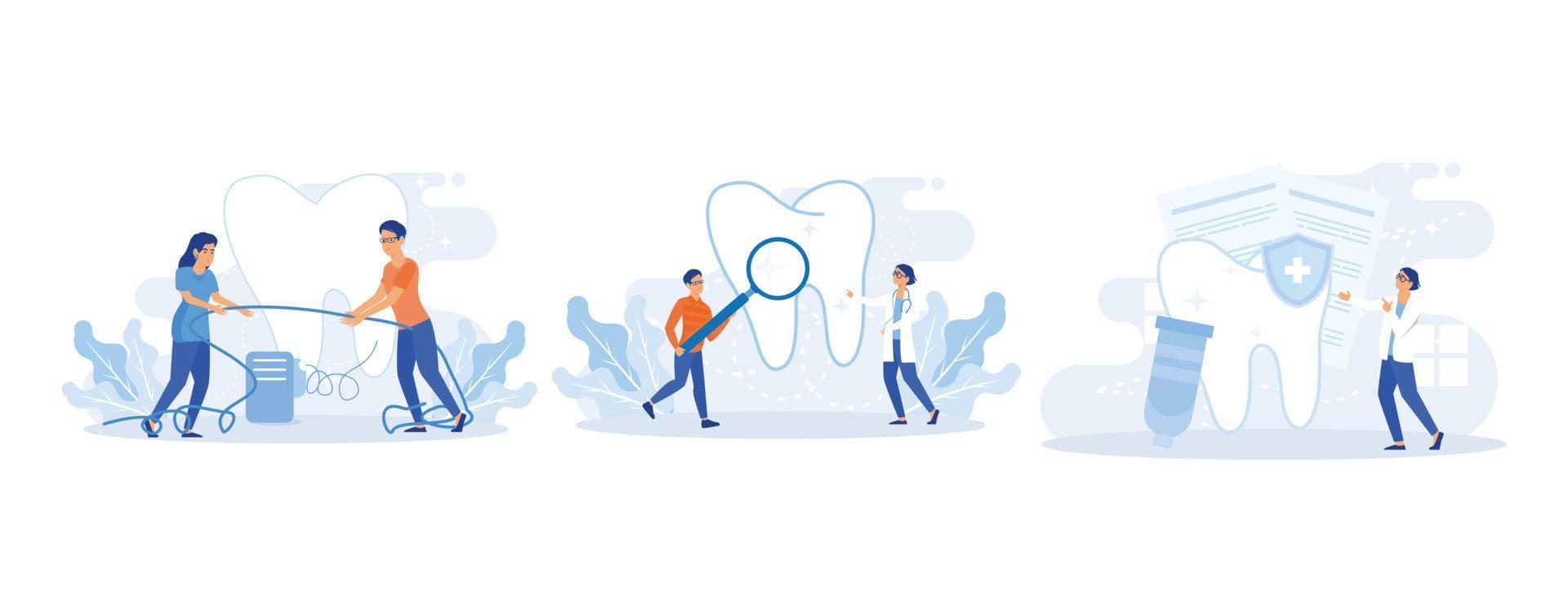 Dental care illustration set. Doctor dentist and medical staff taking care about patients teeth. Professional teeth cleaning, oral hygiene and whitening concept.set flat vector modern illustration