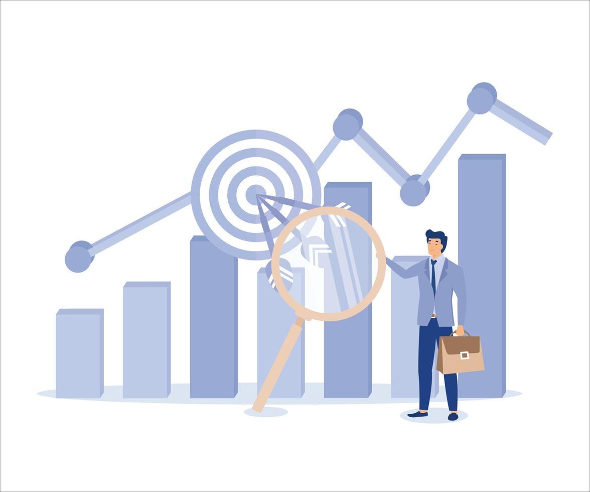 Marketing target audience research, target group or focused customer concept, businessman marketer holding magnifying glass analyze customer data graph and chart. Flat vector modern illustration