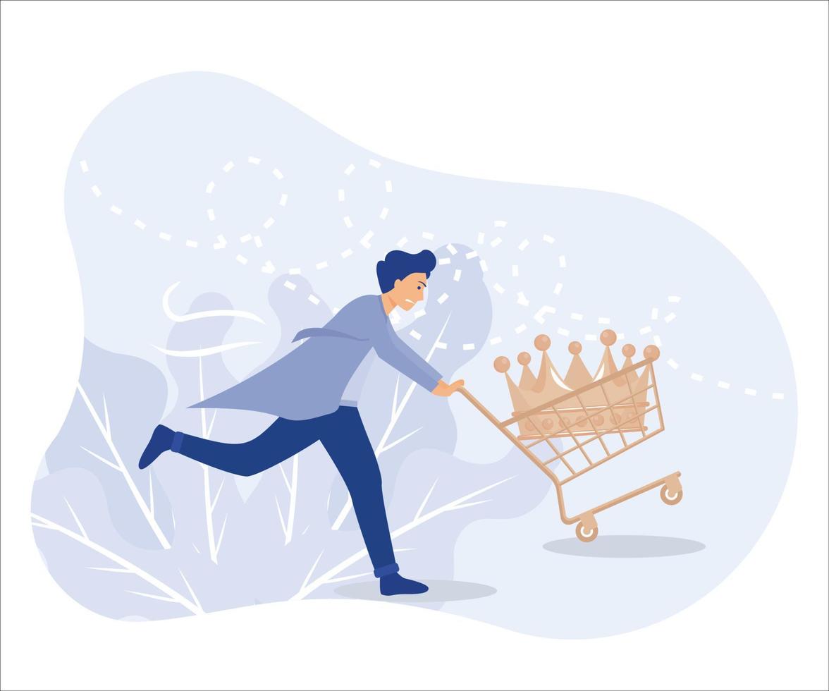 Customer is king, happy man customer wearing king crown running with shopping cart ready to buy product. Flat vector modern illustration