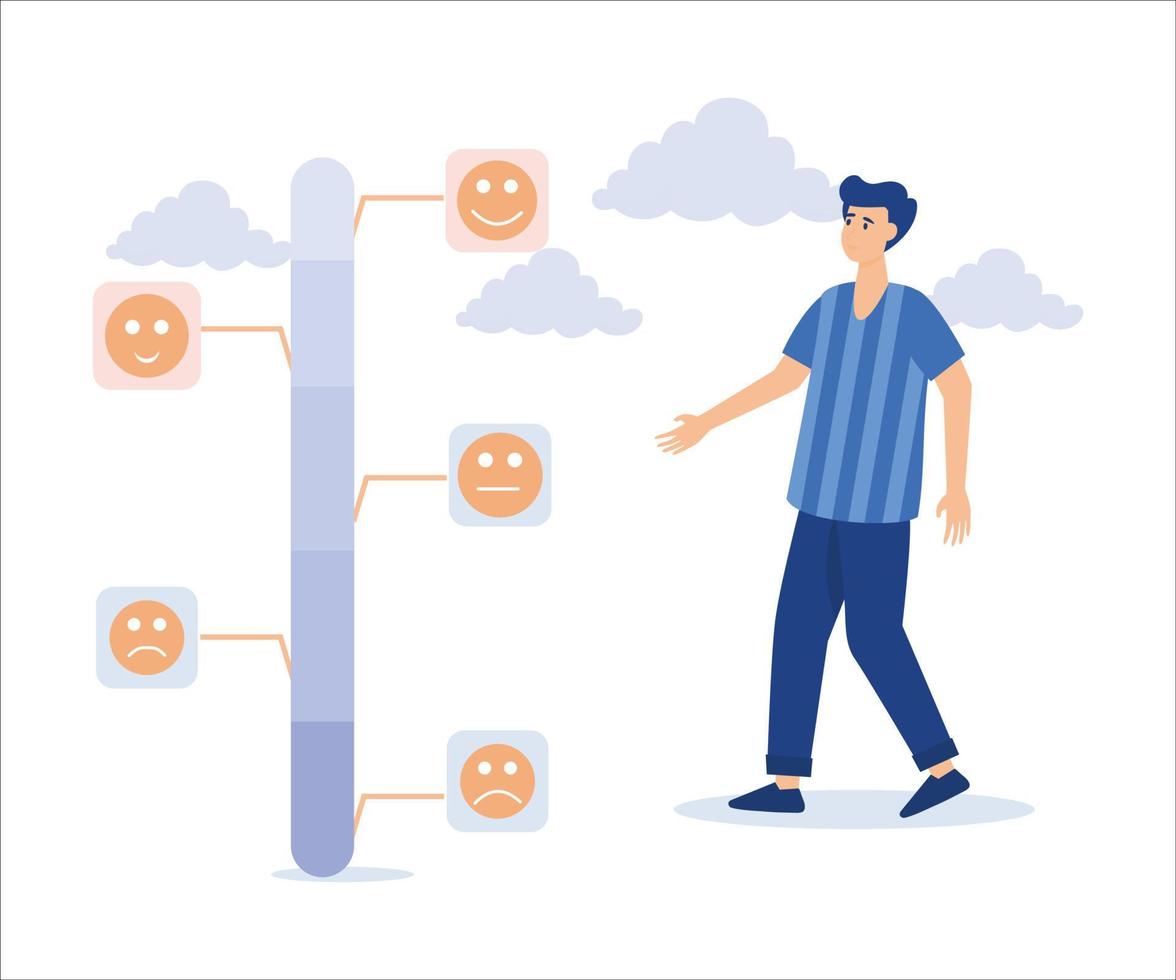 Customer feedback giving rating based on experience or quality from product and service, man trying to push customer feedback bar to be excellent smile. Flat vector modern illustration