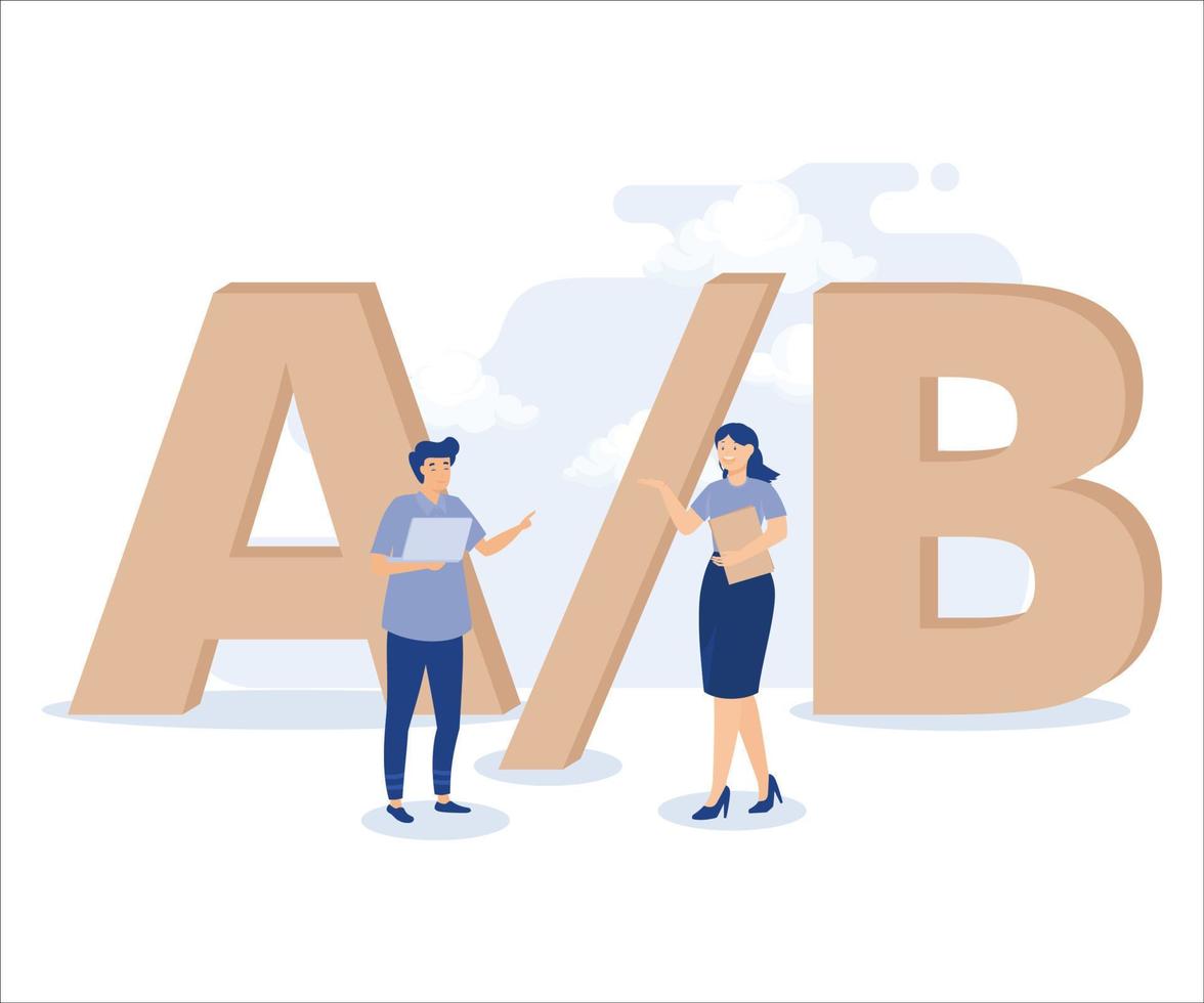 AB testing, businessman programmer and users sitting on alphabets A and B for testing. Flat vector modern illustration