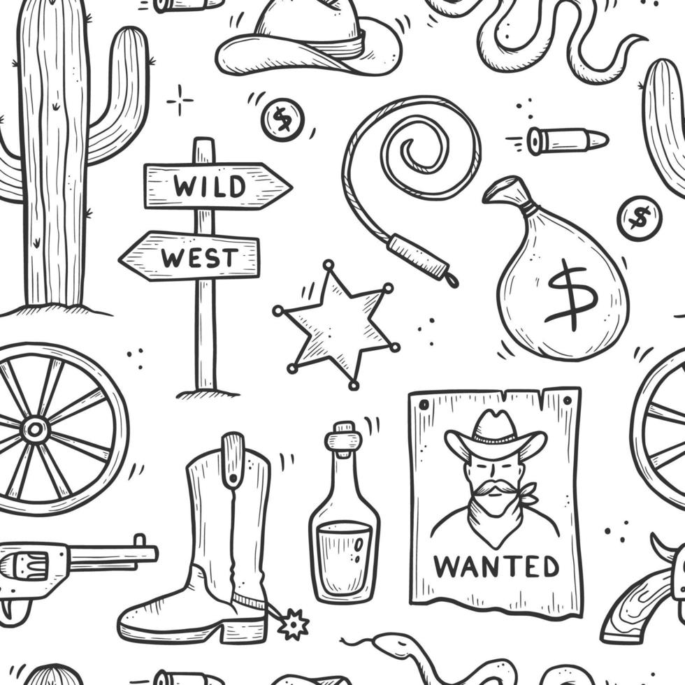 Cowboy western doodle seamless pattern vector