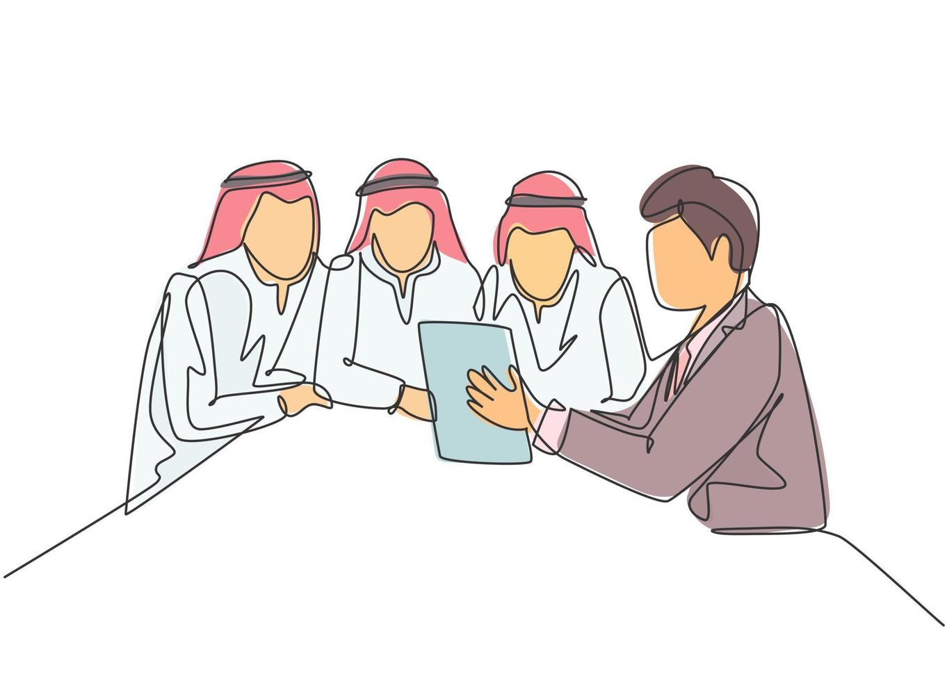 dibujo de una sola línea de joven empresario musulmán feliz y colegas discutiendo negocios. tela de arabia saudita shmag, kandora, pañuelo en la cabeza, thobe. Ilustración de vector de diseño de dibujo de línea continua